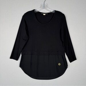 MICHAEL KORS Scoop Neck T Shirt Top XS Black 3/4 Sleeve Sheer Tunic Casual Comfy